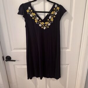 Loft Ann Taylor Size XS Women Dress Embroidered Floral Knit Black Yellow  V-Neck